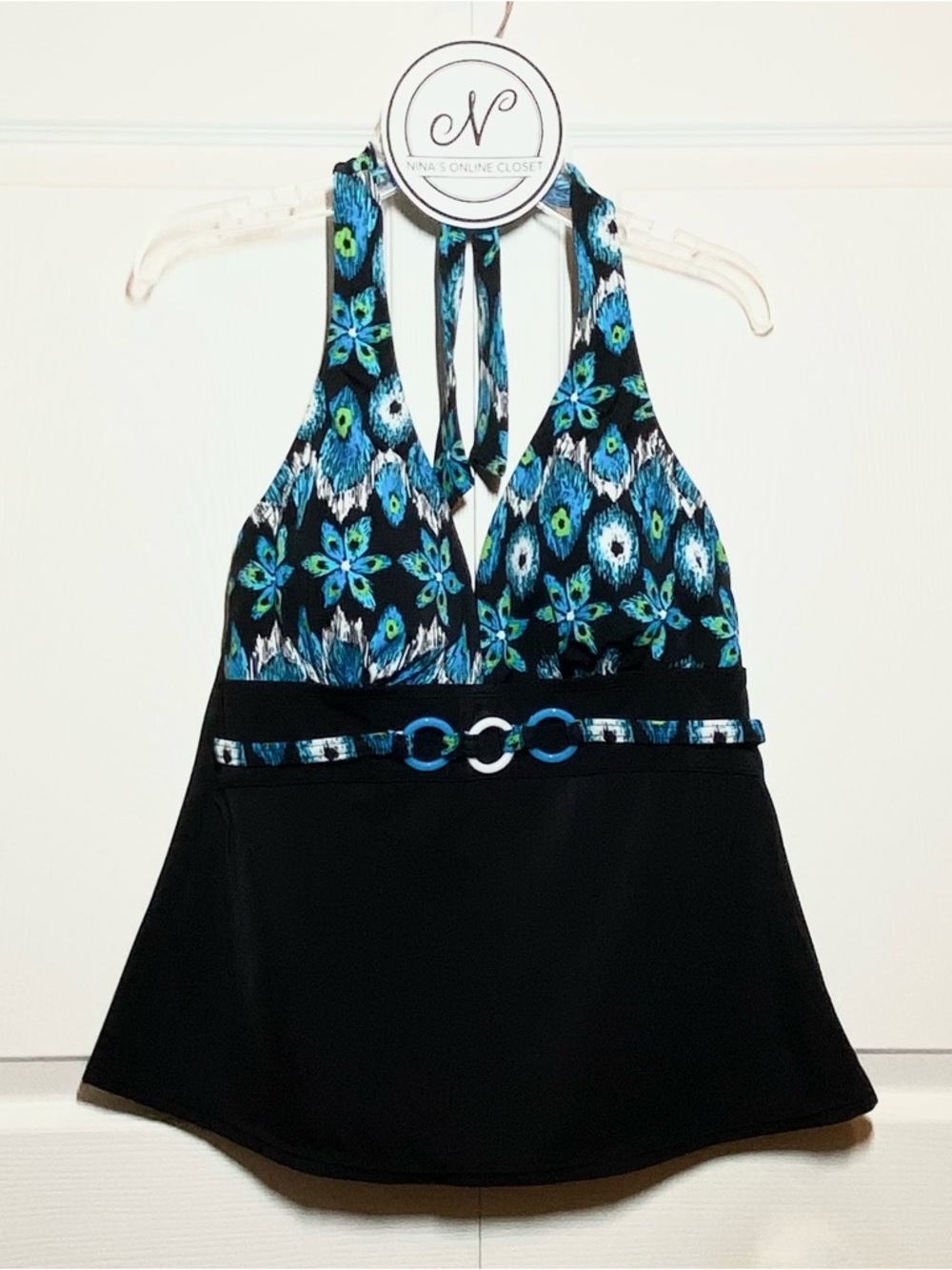 FASHION BUG Women’s Floral Halter Swim Top Black/Blue Size 6